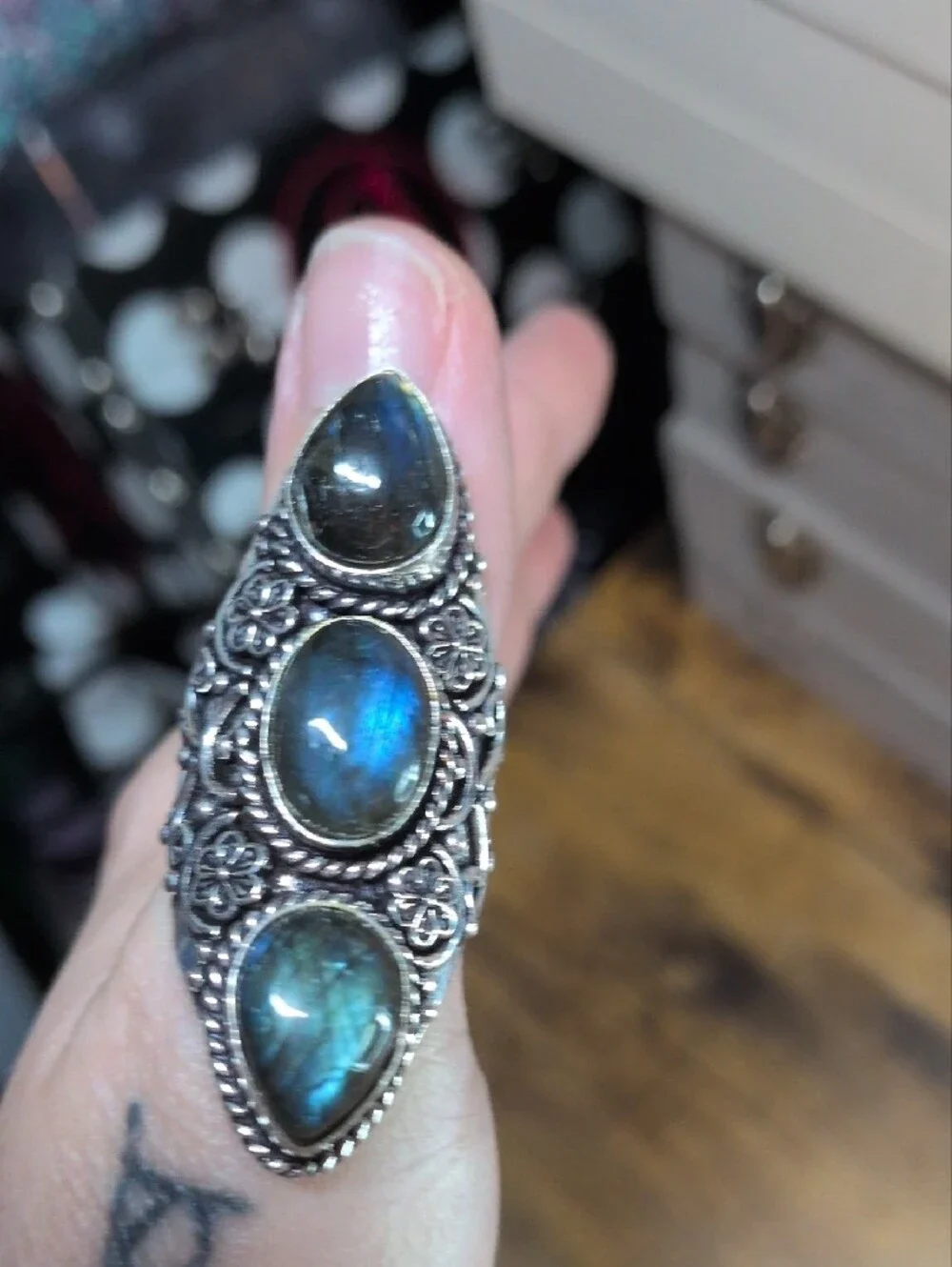 Sterling Silver Labradorite Triple Stone Statement Ring - Blue